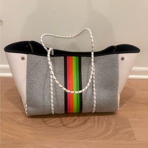 Haute Shore Greyson Tote Neoprene Grey White and Neon Beach Bag, Overnight bag